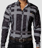 Camisa Hombre Casual Negra Rayas Blancas Figuras