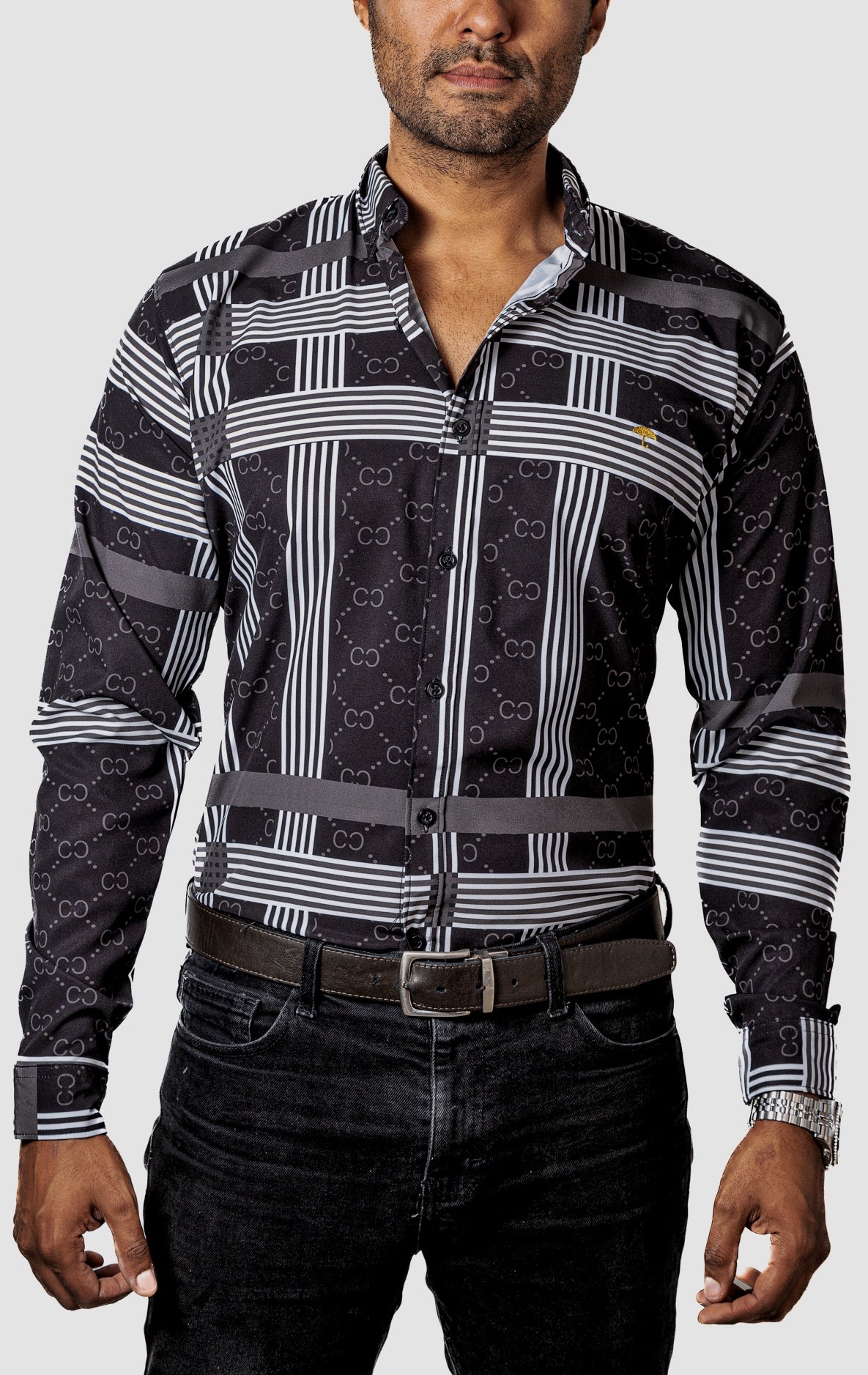 Camisa Hombre Casual Negra Rayas Blancas Figuras