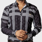 Camisa Hombre Casual Negra Rayas Blancas Figuras
