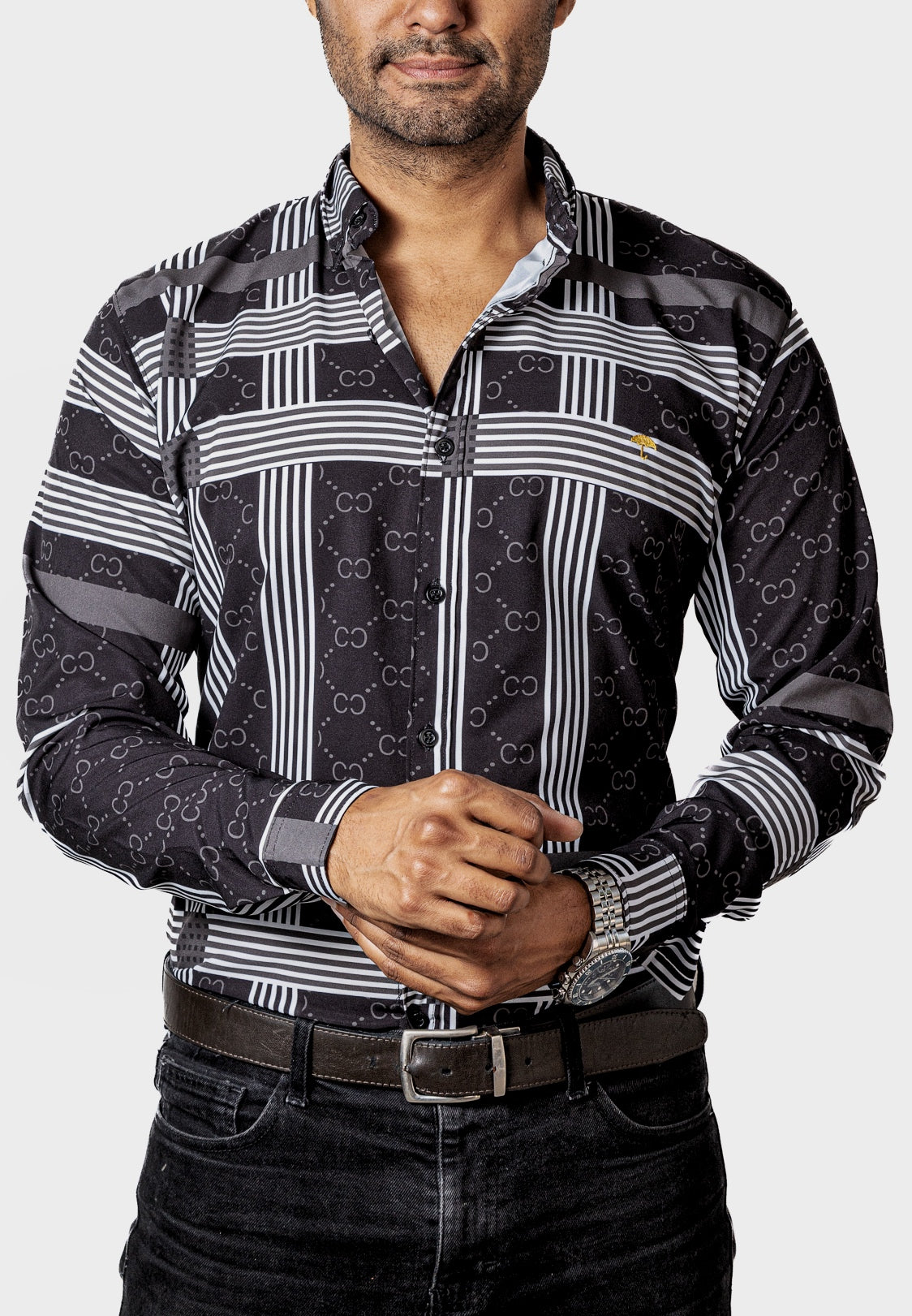 Camisa Hombre Casual Negra Rayas Blancas Figuras
