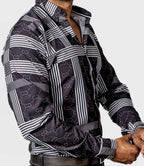 Camisa Hombre Casual Negra Rayas Blancas Figuras