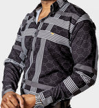 Camisa Hombre Casual Negra Rayas Blancas Figuras