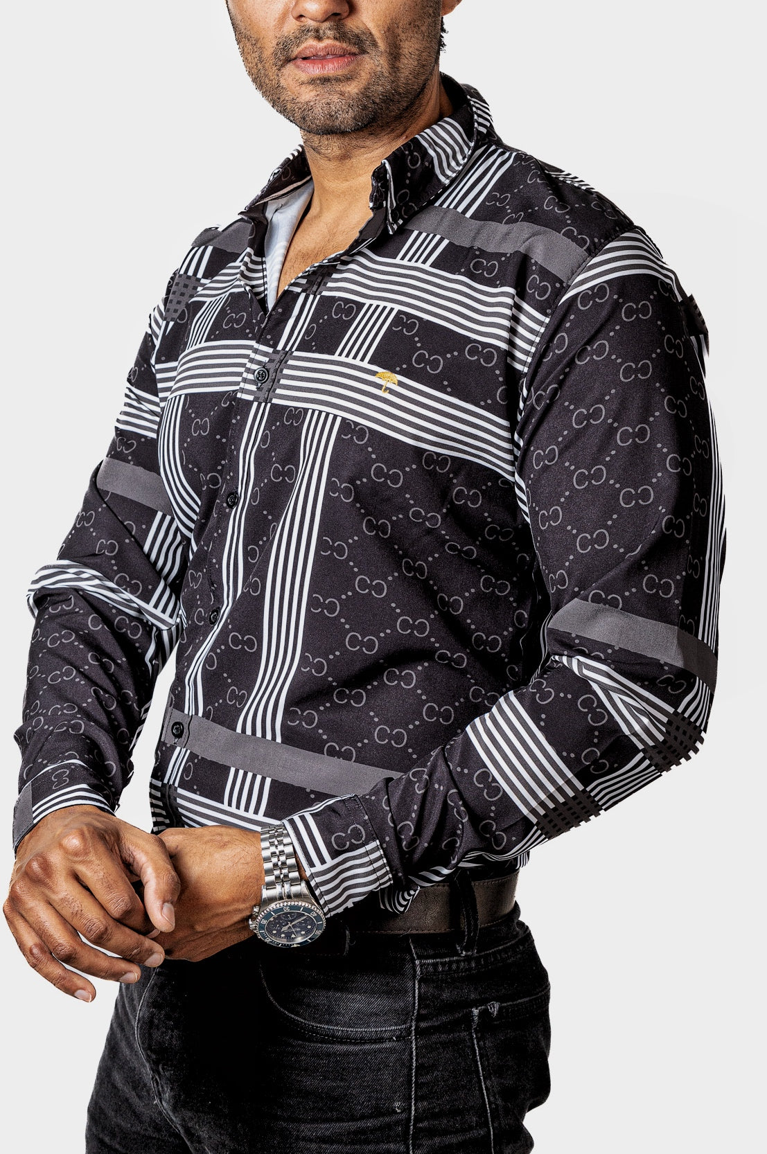 Camisa Hombre Casual Negra Rayas Blancas Figuras