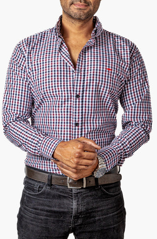 Camisa Hombre Casual Mini Cuadros Negros, Vino, Blancos