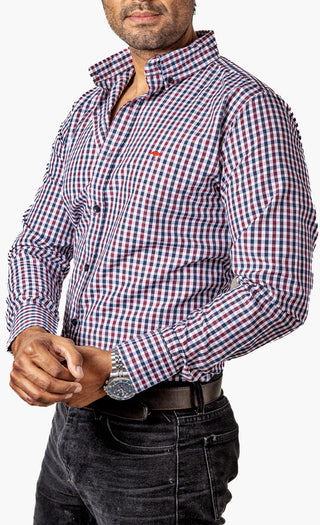 Camisa Hombre Casual Mini Cuadros Negros, Vino, Blancos