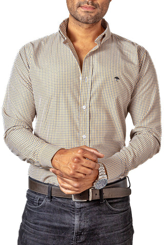 Camisa Hombre Casual Mini Cuadros Negros, Amarillos, Blancos