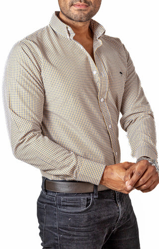 Camisa Hombre Casual Mini Cuadros Negros, Amarillos, Blancos