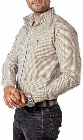 Camisa Hombre Casual Mini Cuadros Negros, Amarillos, Blancos