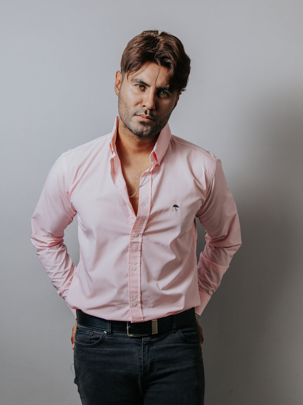 Camisa Hombre Casual Microcuadros Rosa