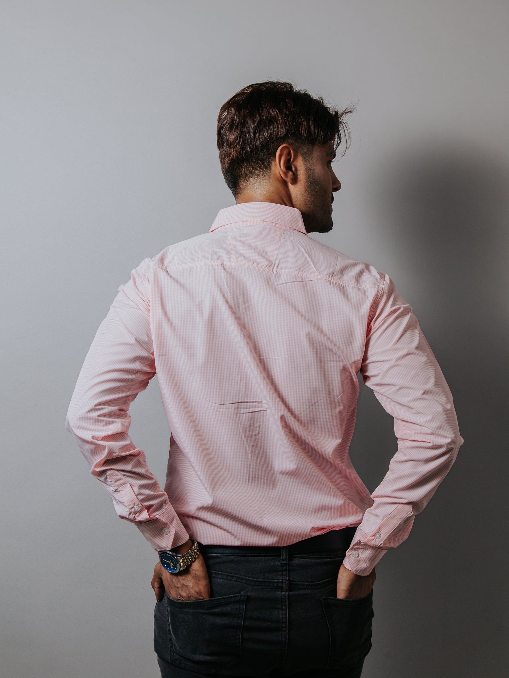 Camisa Hombre Casual Microcuadros Rosa