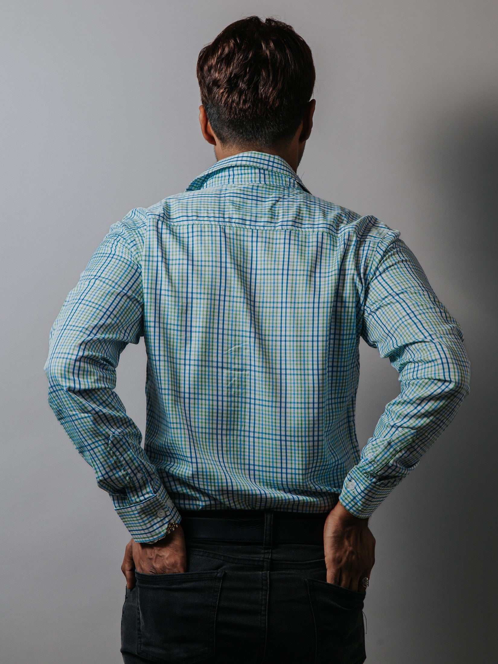 Camisa Hombre Casual Blanca Cuadros Verde y Azul