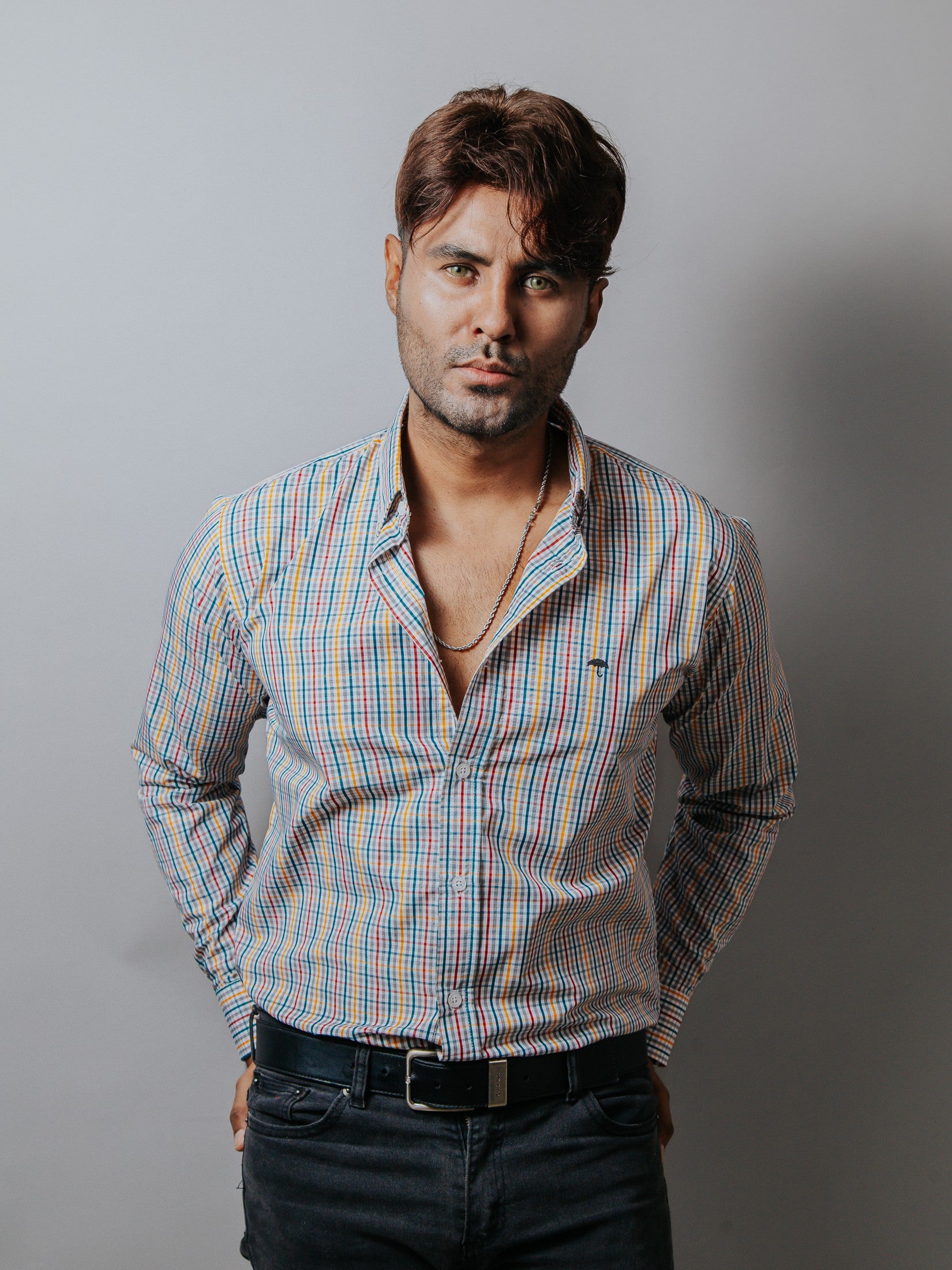 Camisa Hombre Casual Cuadros Gris Azul Rojo y Amarillo