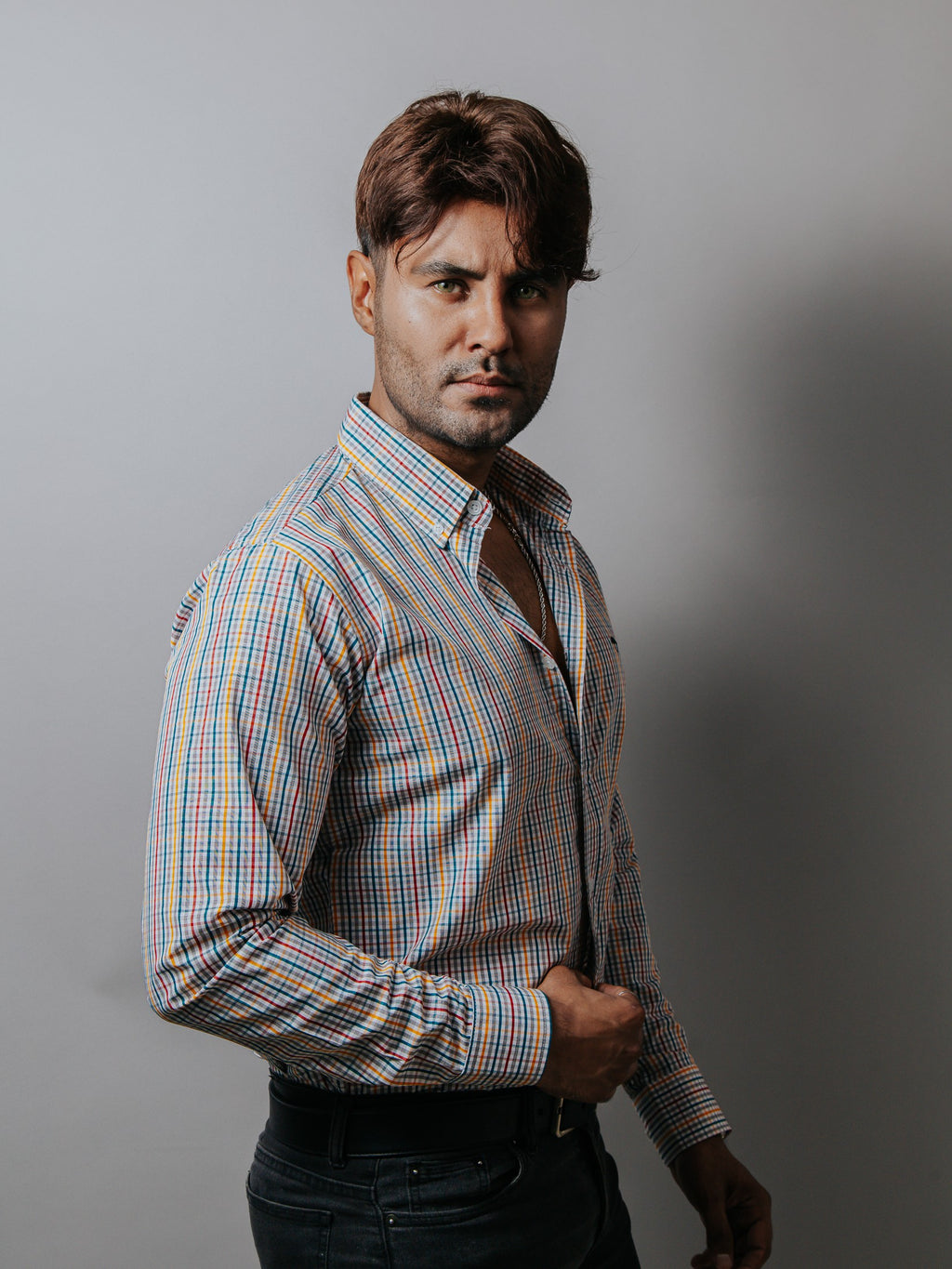 Camisa Hombre Casual Cuadros Gris Azul Rojo y Amarillo