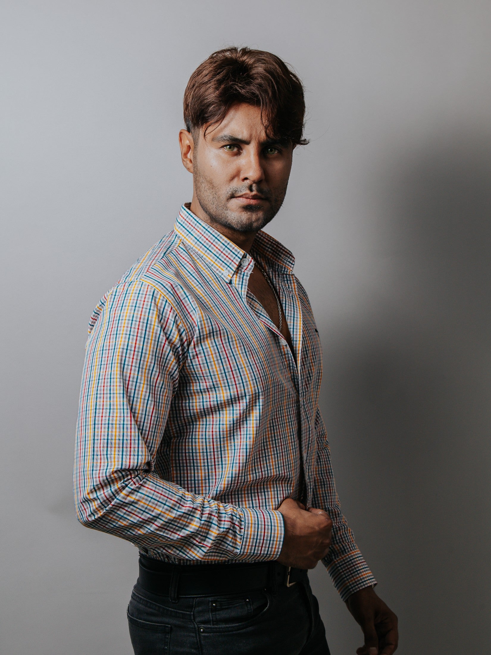 Camisa Hombre Casual Cuadros Gris Azul Rojo y Amarillo