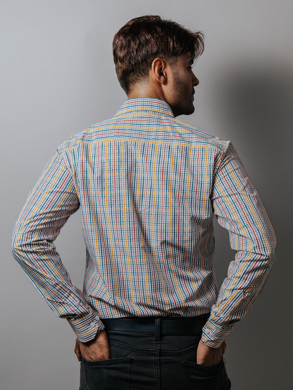 Camisa Hombre Casual Cuadros Gris Azul Rojo y Amarillo