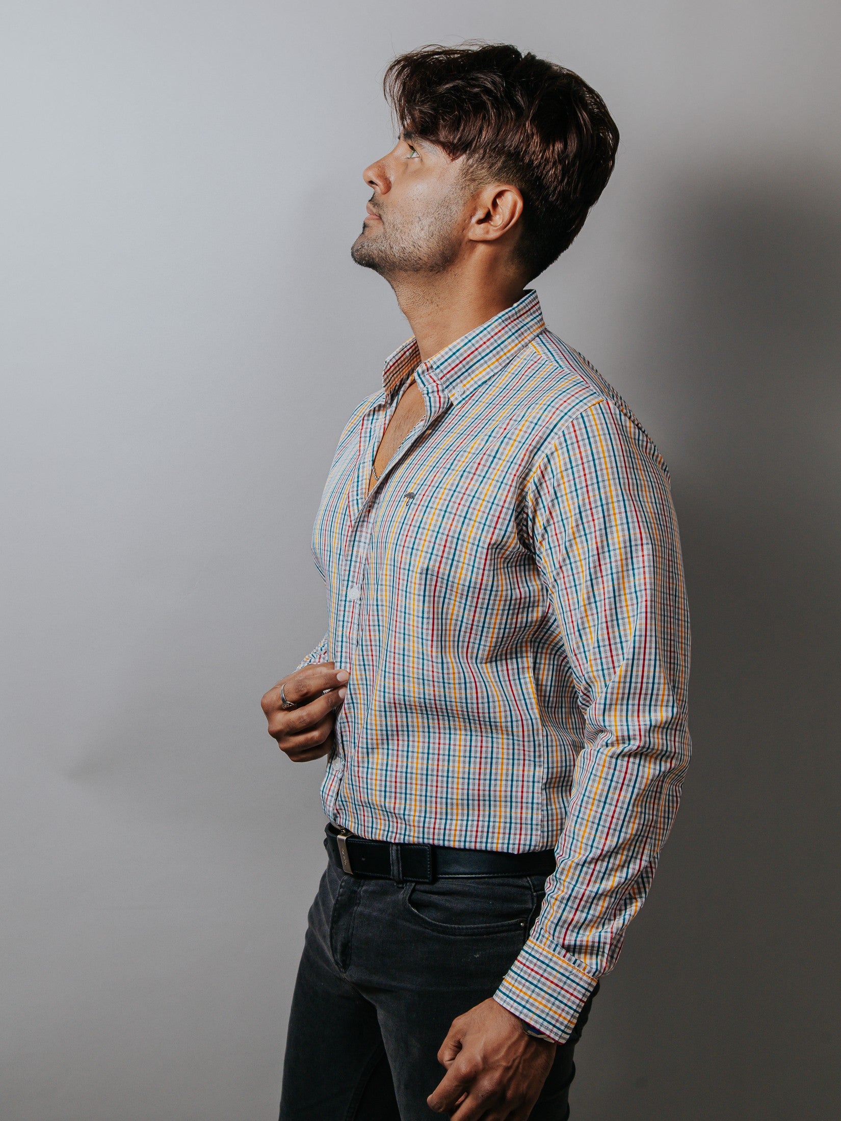 Camisa Hombre Casual Cuadros Gris Azul Rojo y Amarillo