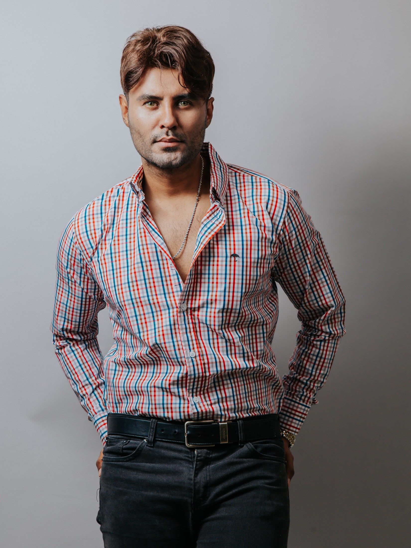 Camisa Hombre Casual Cuadros Azul Marrón Rojo y Gris