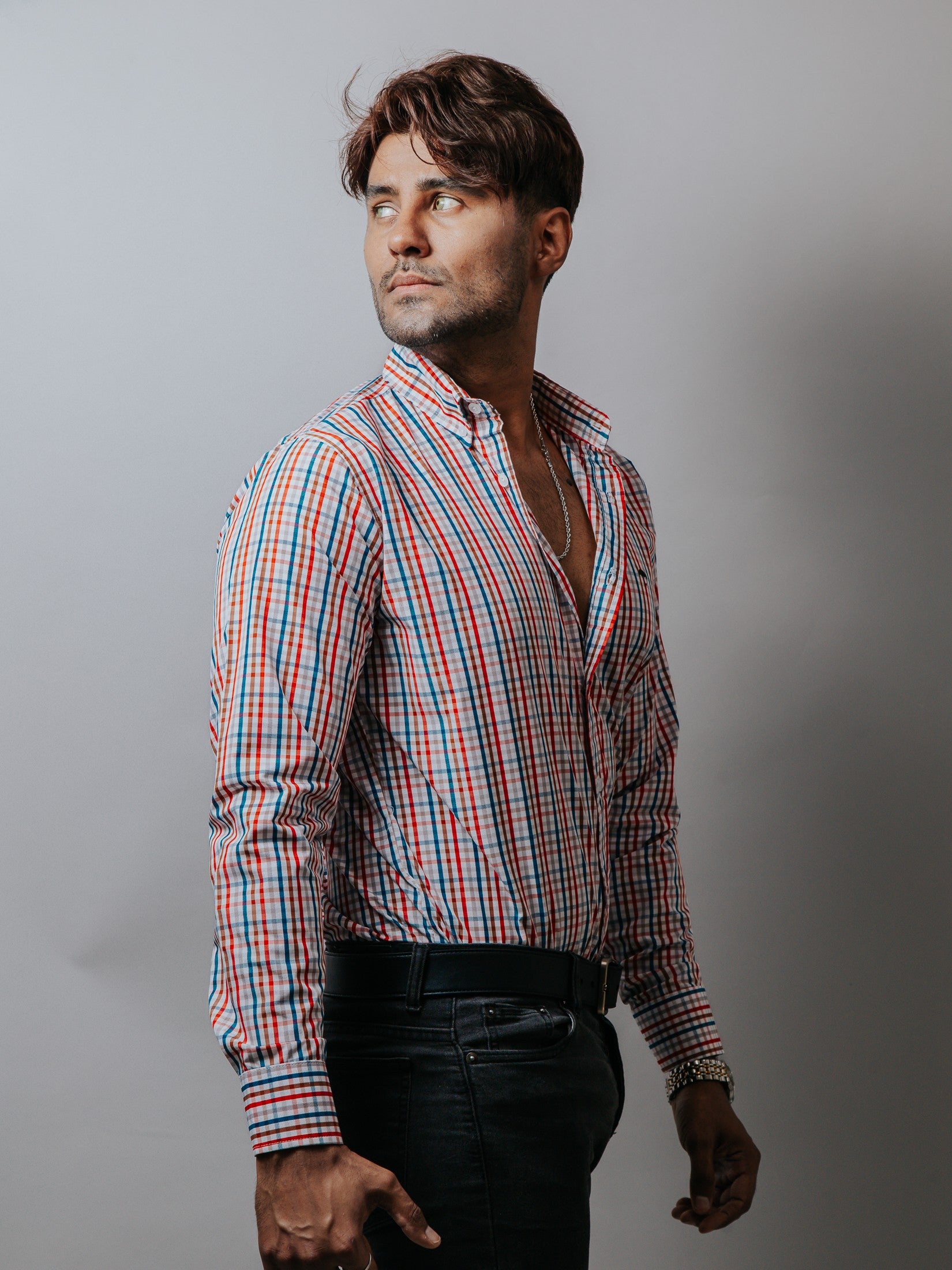 Camisa Hombre Casual Cuadros Azul Marrón Rojo y Gris