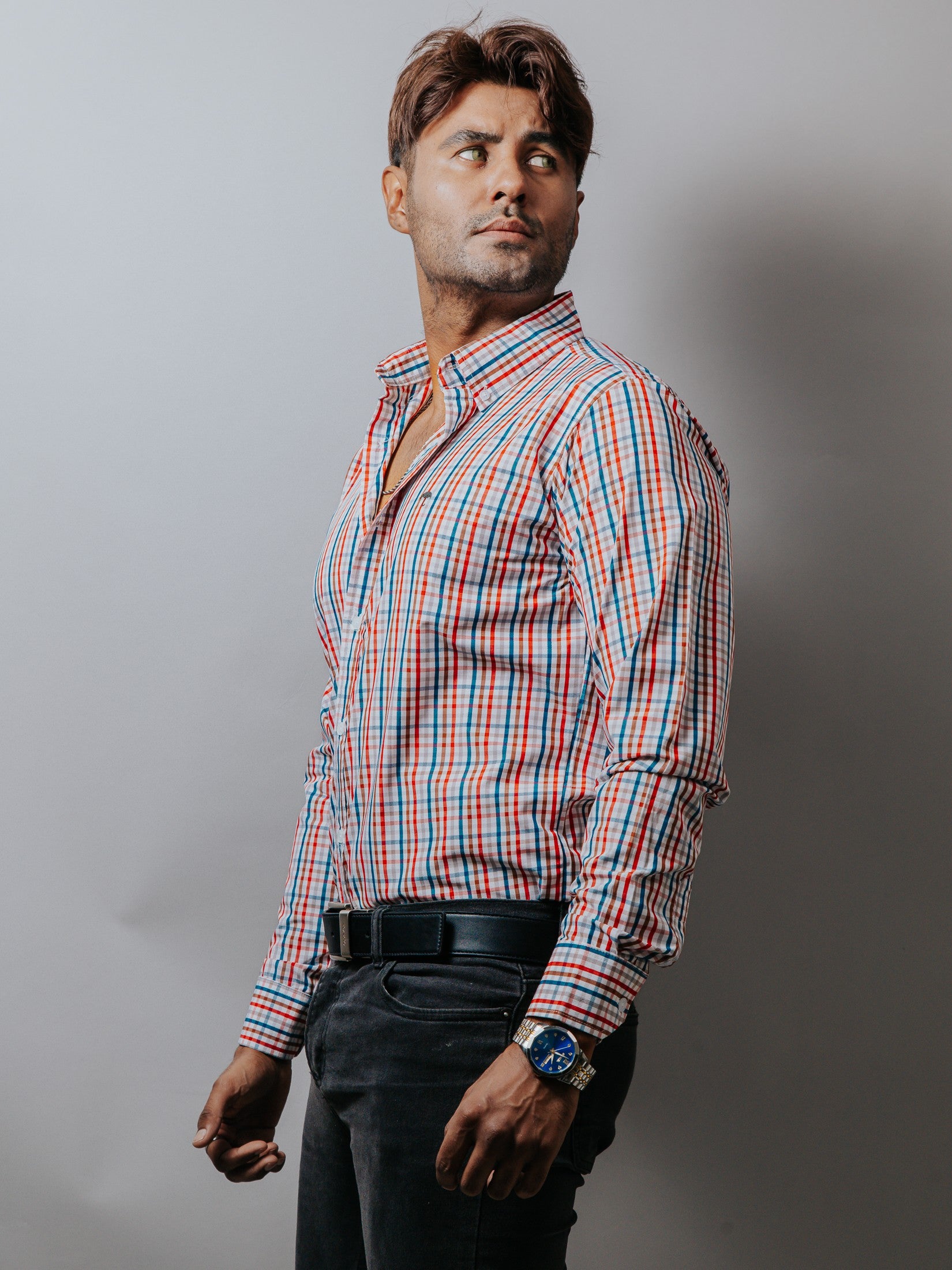 Camisa Hombre Casual Cuadros Azul Marrón Rojo y Gris