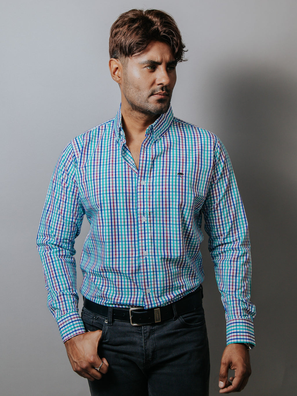 Camisa Hombre Casual Cuadros Azul Verde y Púrpura