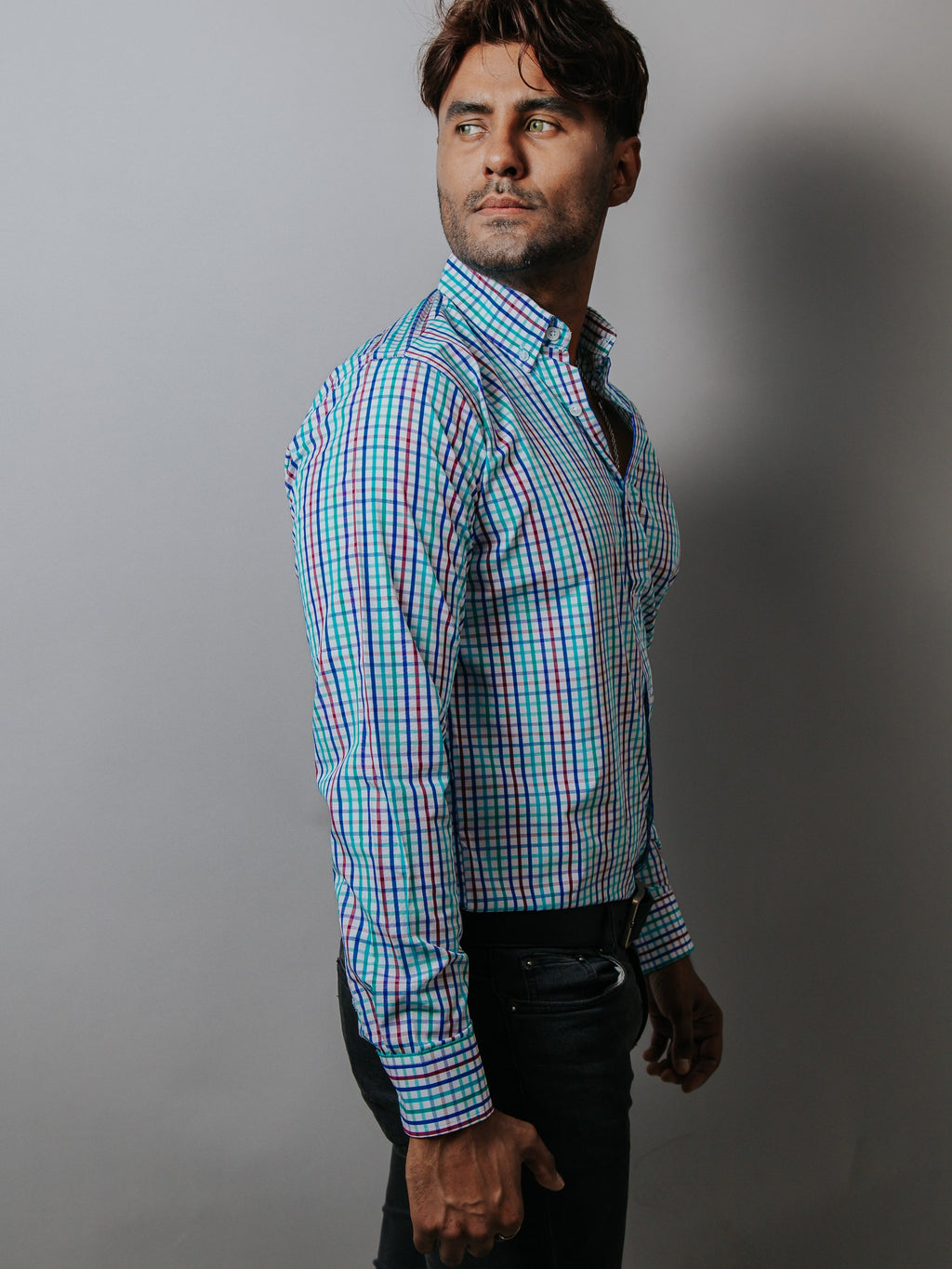 Camisa Hombre Casual Cuadros Azul Verde y Púrpura
