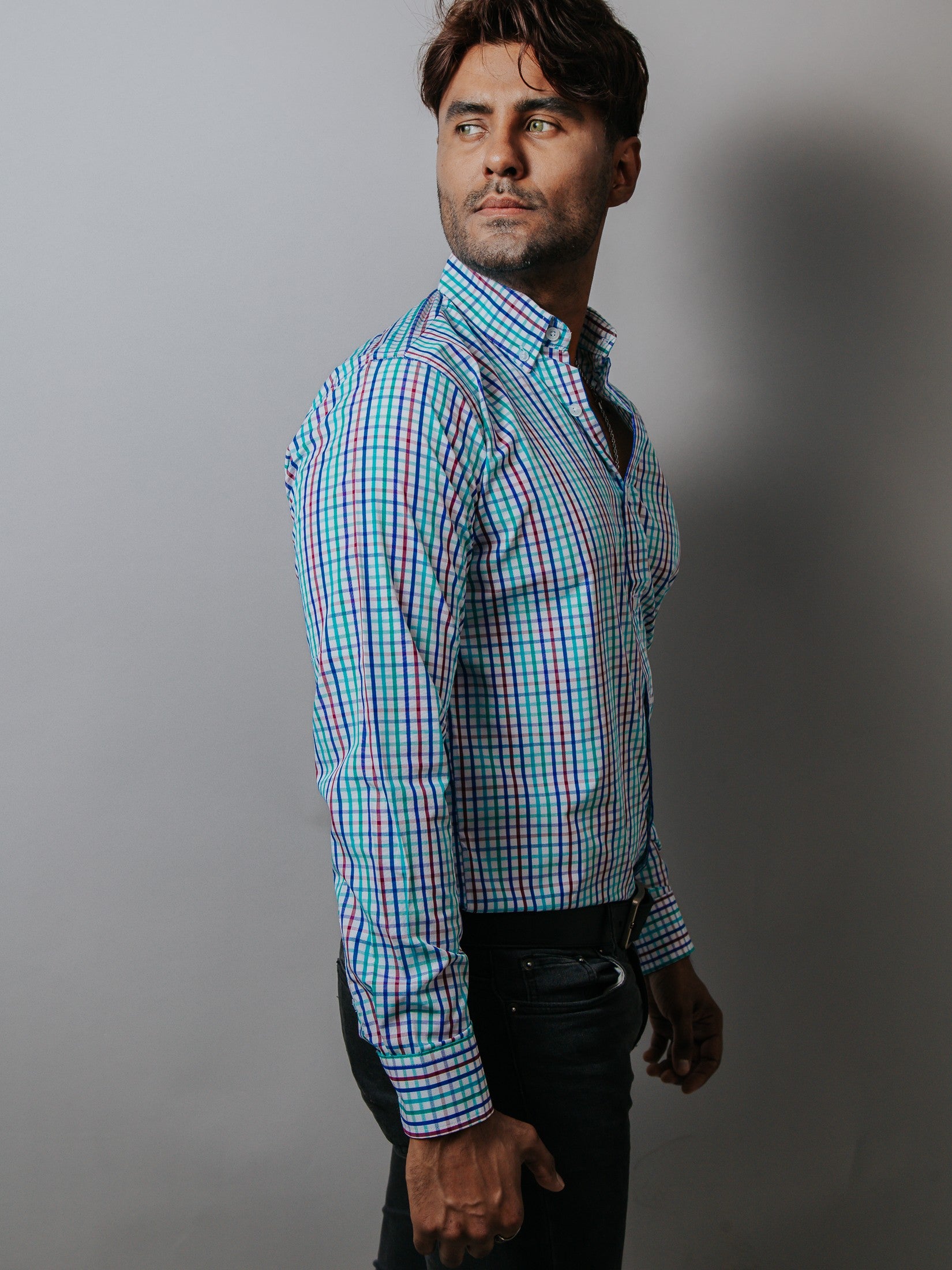 Camisa Hombre Casual Cuadros Azul Verde y Púrpura