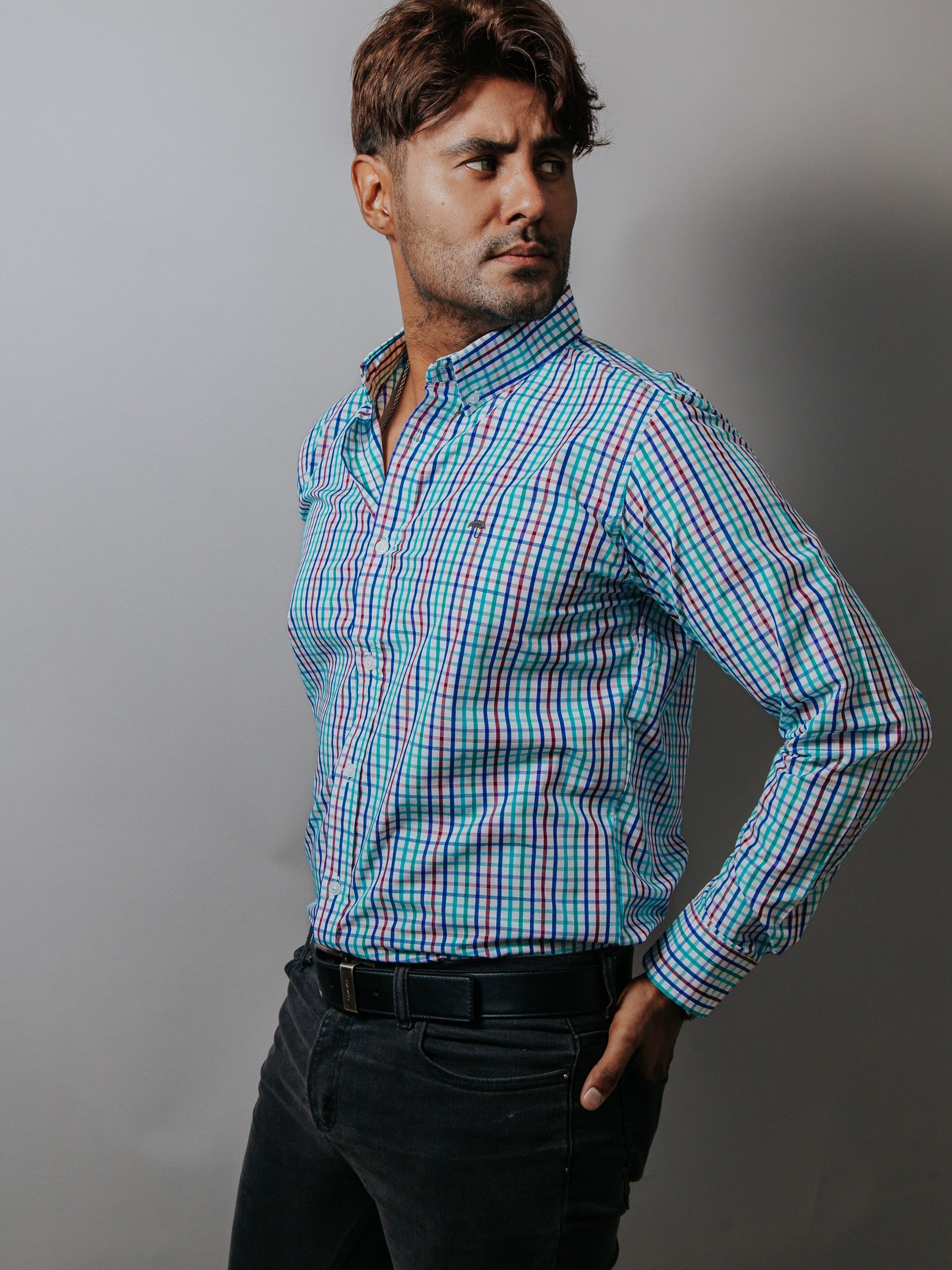 Camisa Hombre Casual Cuadros Azul Verde y Púrpura