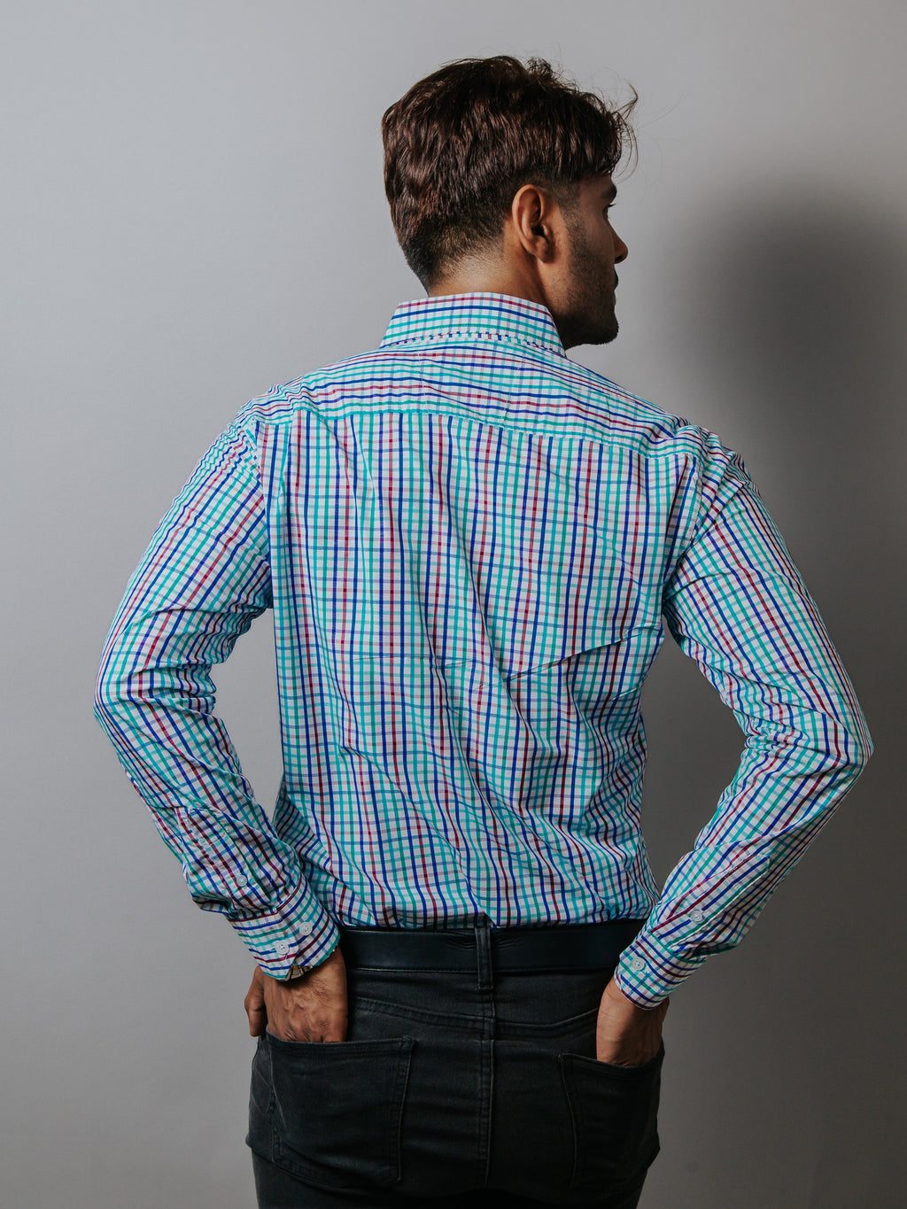 Camisa Hombre Casual Cuadros Azul Verde y Púrpura