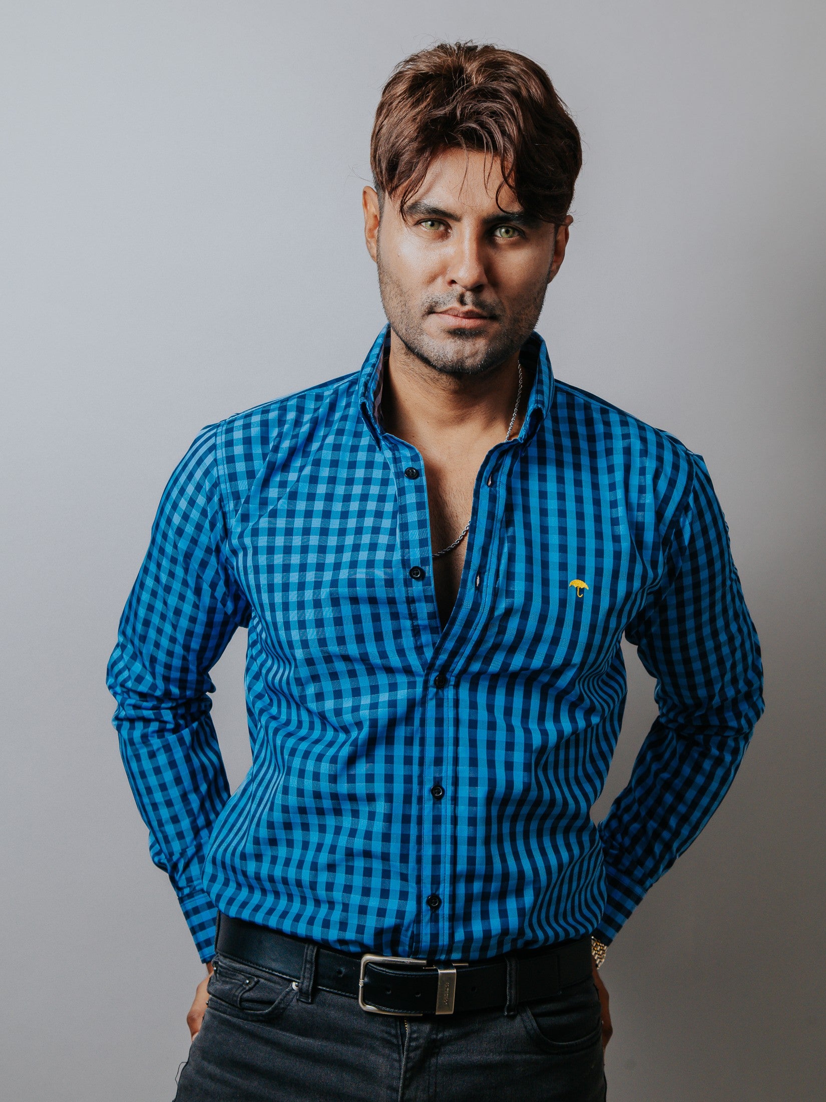 Camisa Hombre Casual Mini Cuadros Azul y Negro