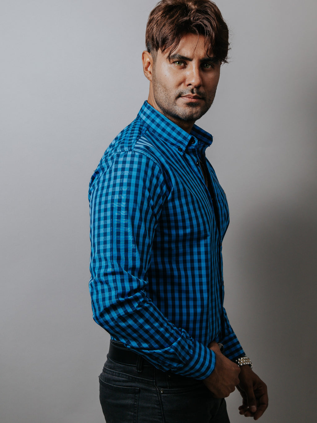 Camisa Hombre Casual Mini Cuadros Azul y Negro