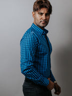 Camisa Hombre Casual Mini Cuadros Azul y Negro