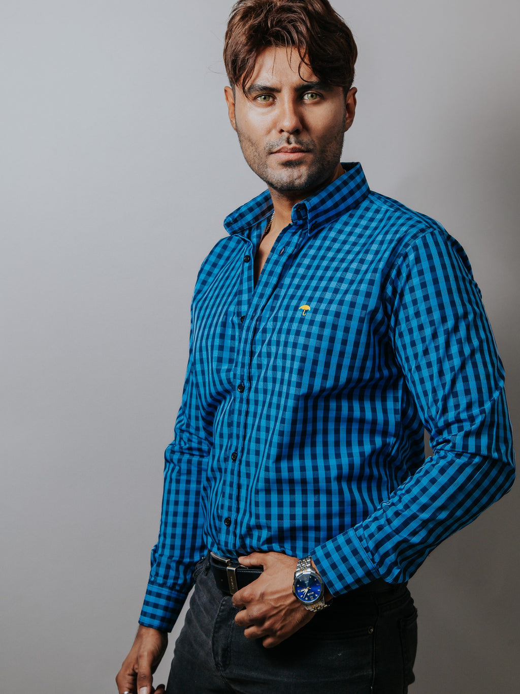 Camisa Hombre Casual Mini Cuadros Azul y Negro