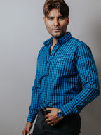 Camisa Hombre Casual Mini Cuadros Azul y Negro