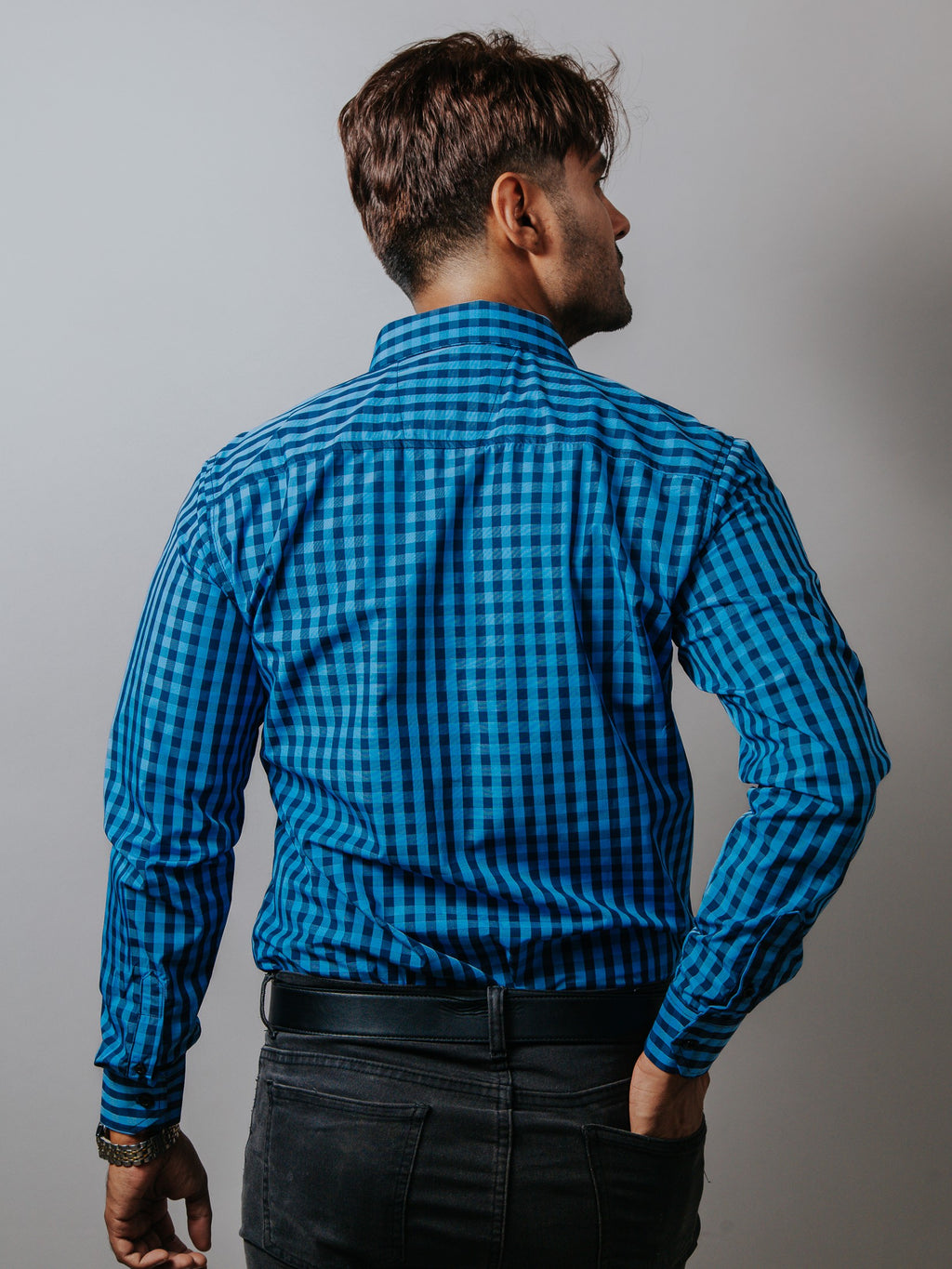 Camisa Hombre Casual Mini Cuadros Azul y Negro