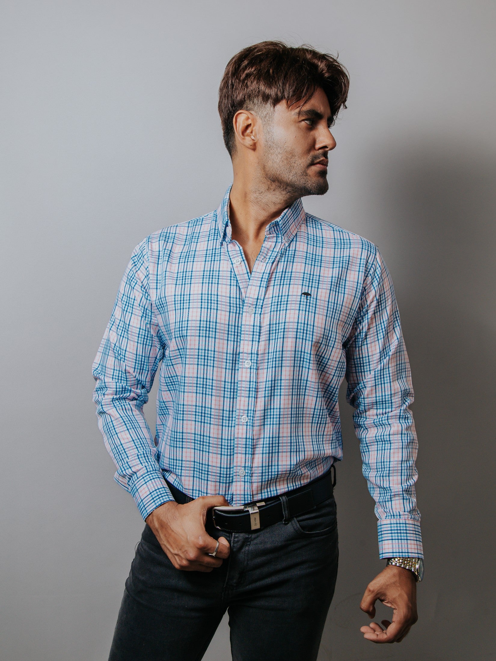 Camisa Hombre Casual Cuadros Azul Gris y Rosa