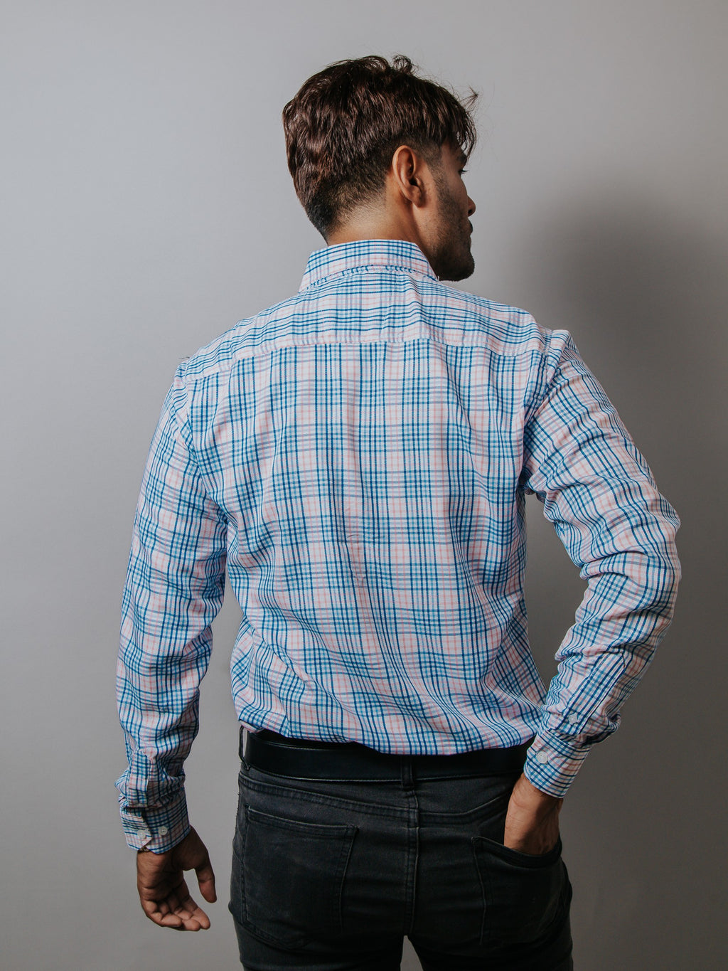 Camisa Hombre Casual Cuadros Azul Gris y Rosa