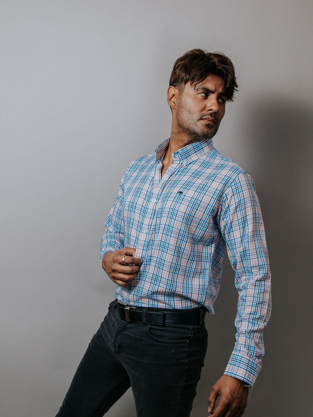 Camisa Hombre Casual Cuadros Azul Gris y Rosa
