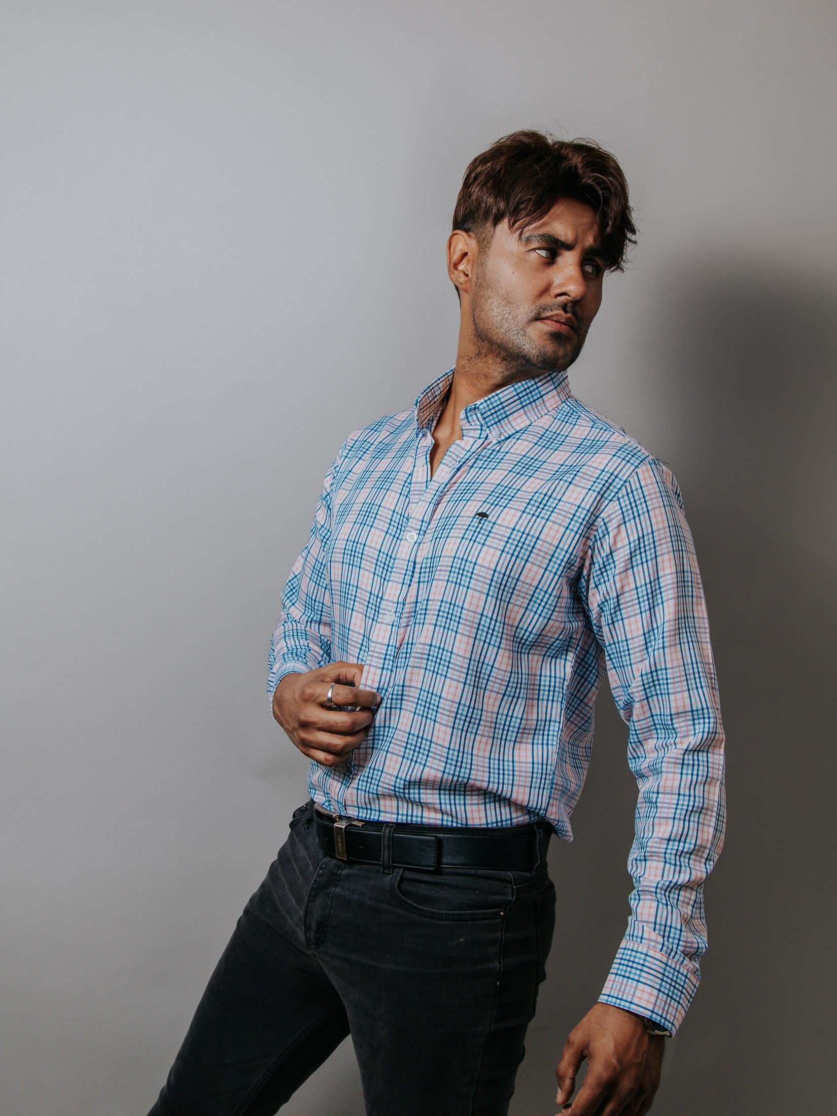 Camisa Hombre Casual Cuadros Azul Gris y Rosa