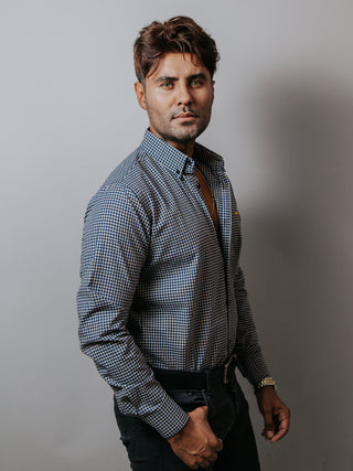 Camisa Hombre Casual Mini Cuadros Azul Marino y Arena
