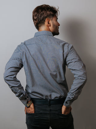 Camisa Hombre Casual Mini Cuadros Azul Marino y Arena