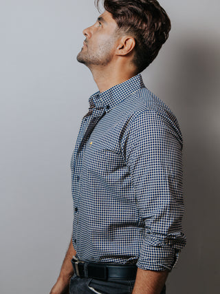 Camisa Hombre Casual Mini Cuadros Azul Marino y Arena