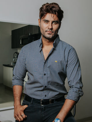 Camisa Hombre Casual Mini Cuadros Azul Marino y Arena