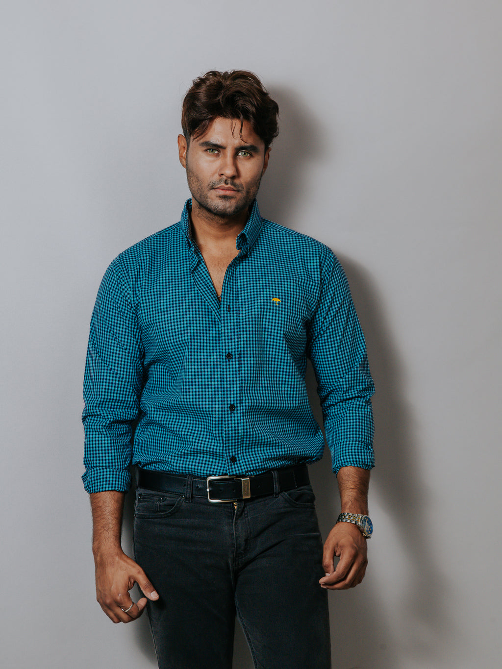 Camisa Hombre Casual Mini cuadros Turquesa Claro y Negro