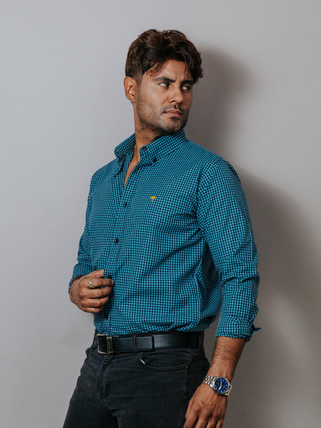 Camisa Hombre Casual Mini cuadros Turquesa Claro y Negro
