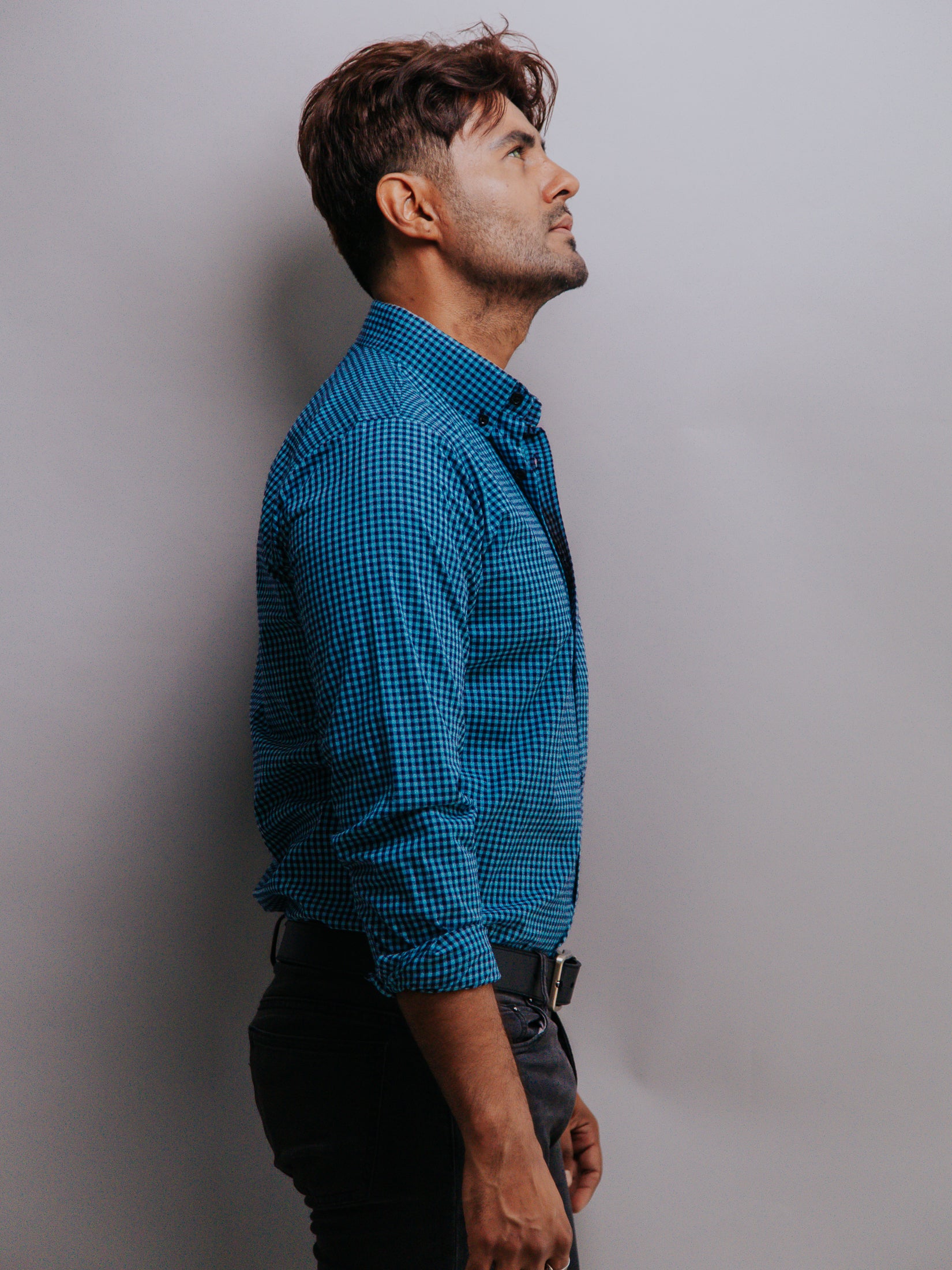 Camisa Hombre Casual Mini cuadros Turquesa Claro y Negro