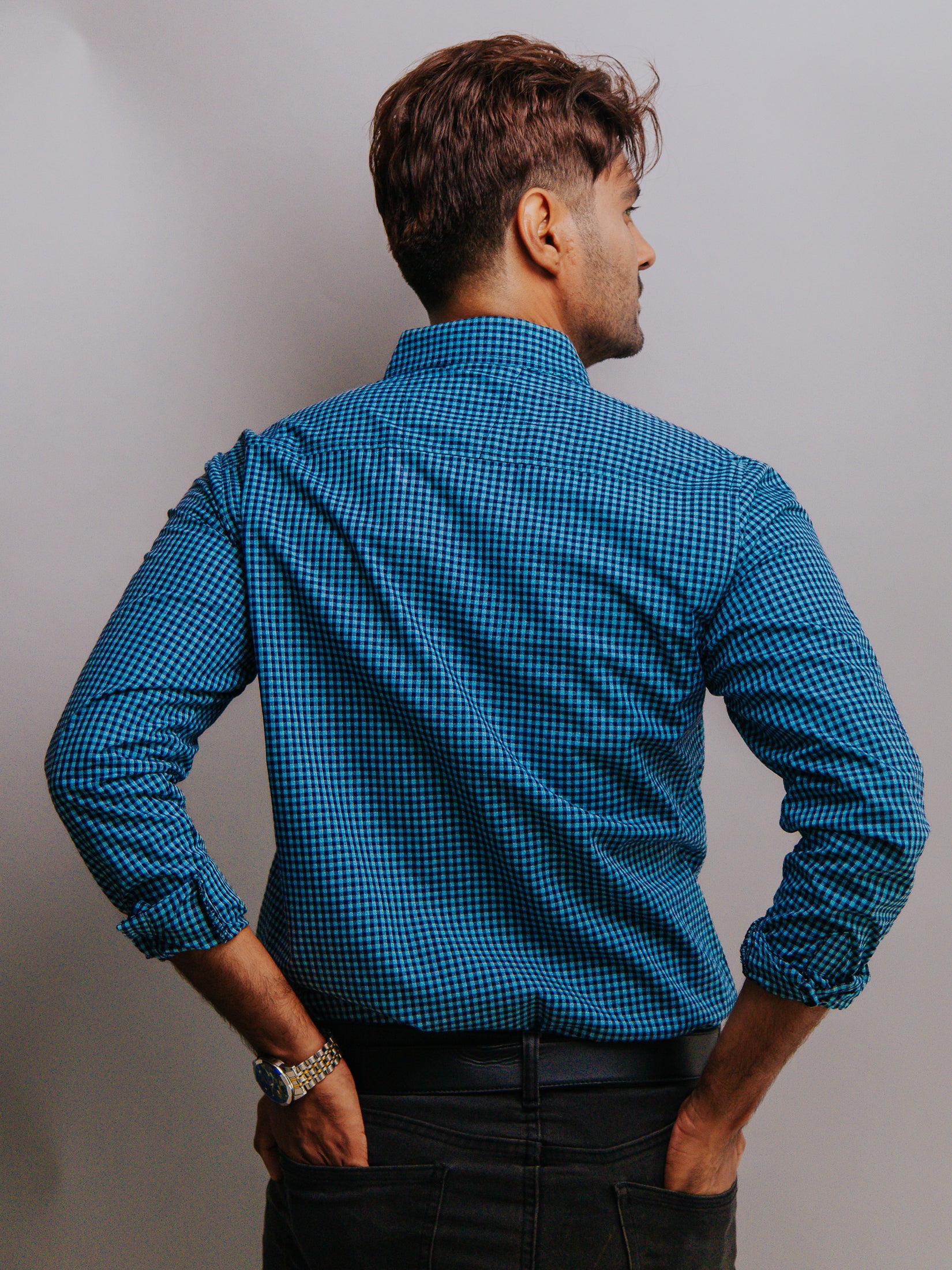 Camisa Hombre Casual Mini cuadros Turquesa Claro y Negro