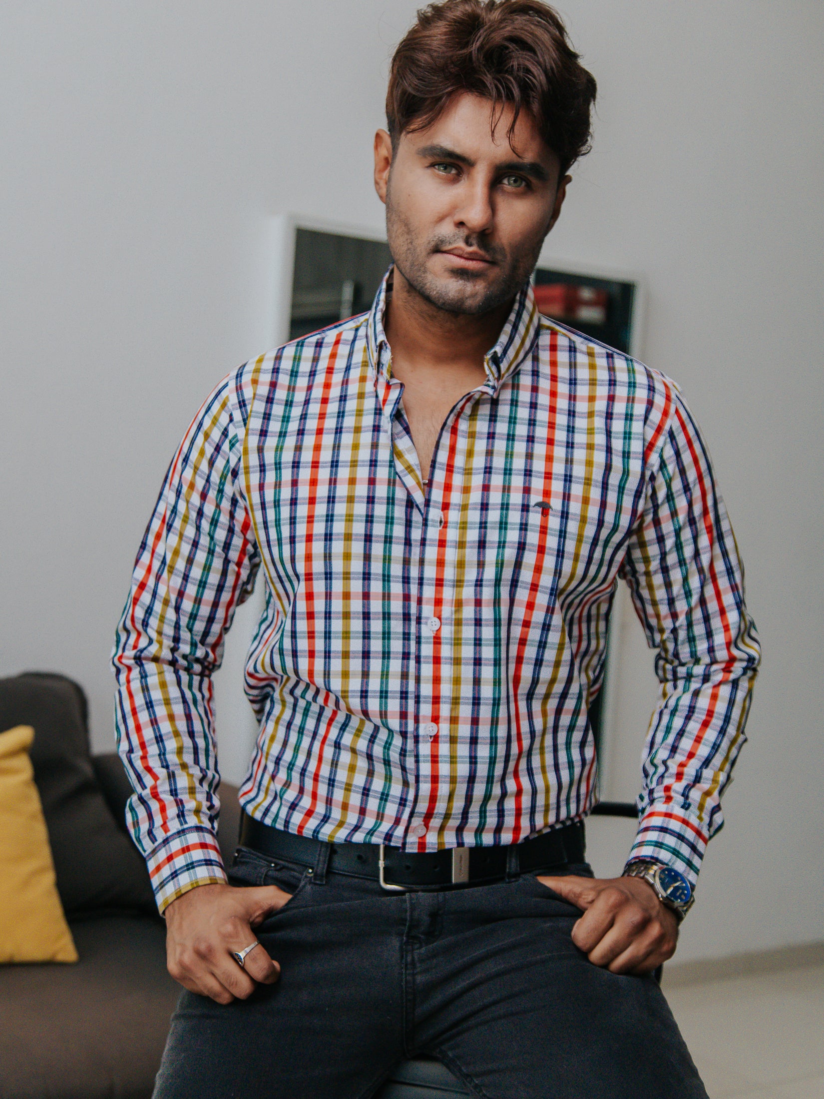 Camisa Hombre Casual Cuadros Amarillo Morado y Naranja