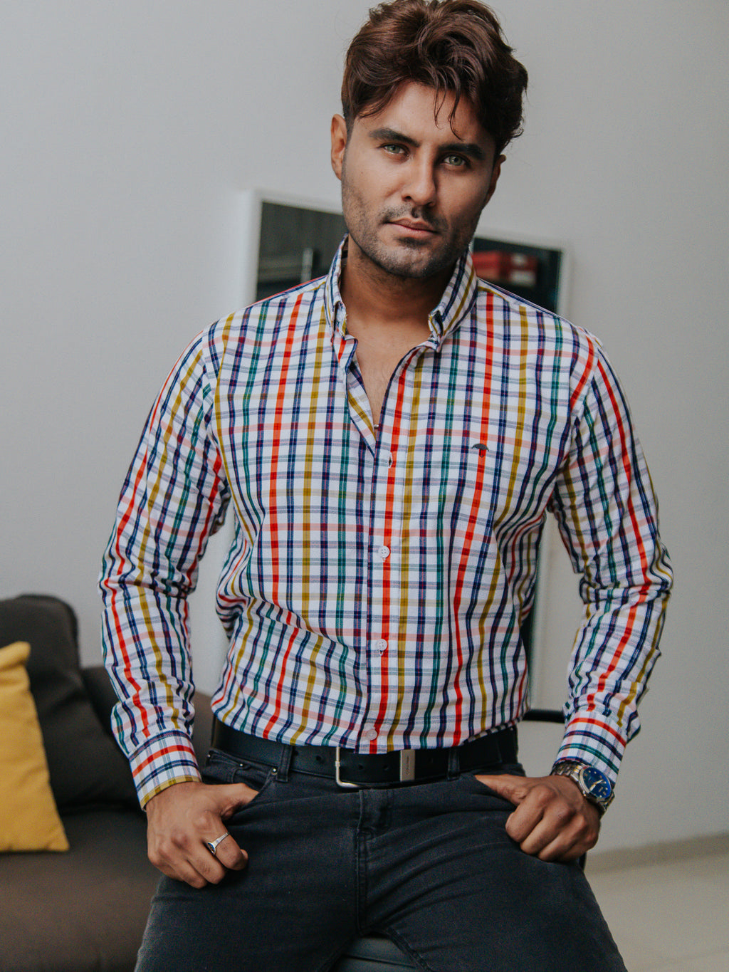 Camisa Hombre Casual Cuadros Amarillo Rojos Verde y Azul