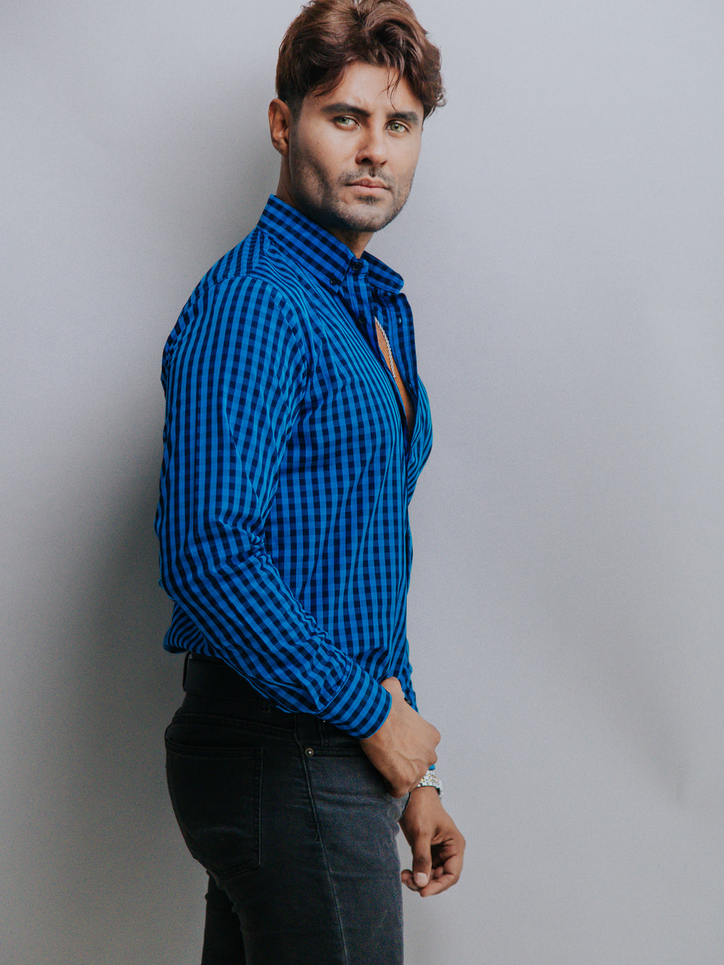 Camisa Hombre Casual Mini Cuadros Azul Rey y Negro - 34 (S)-Tiendas Platino