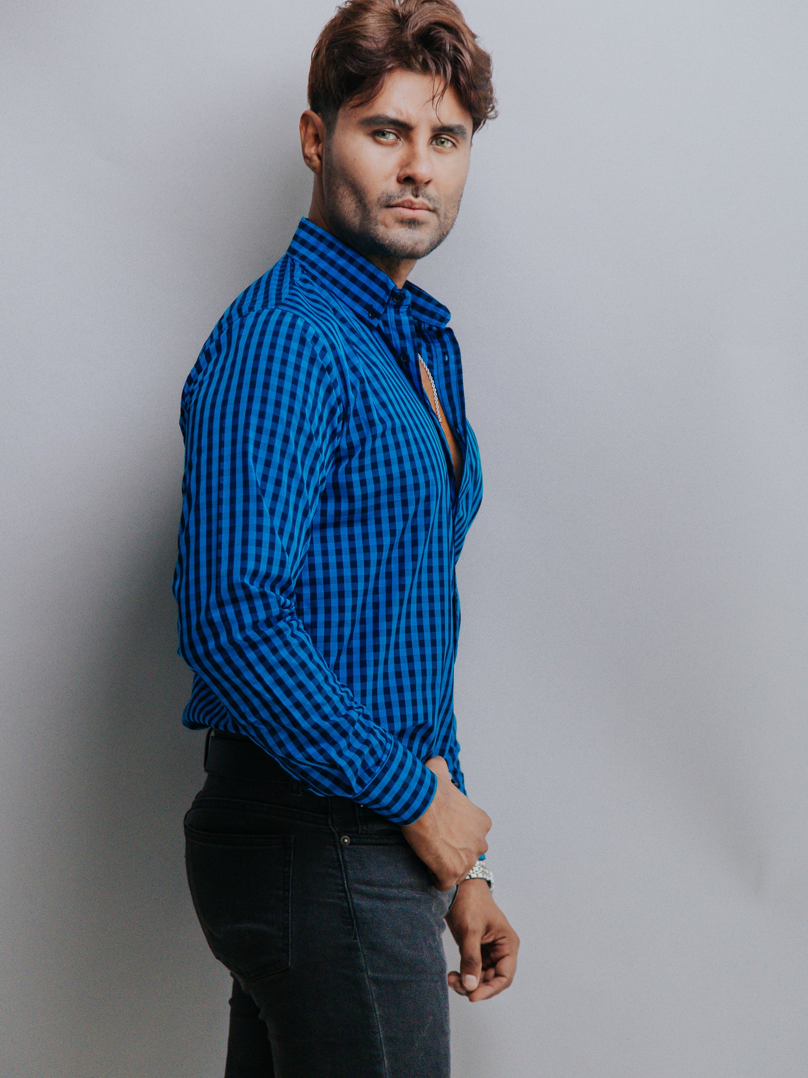 Camisa Hombre Casual Mini Cuadros Azul Rey y Negro - 34 (S)-Tiendas Platino